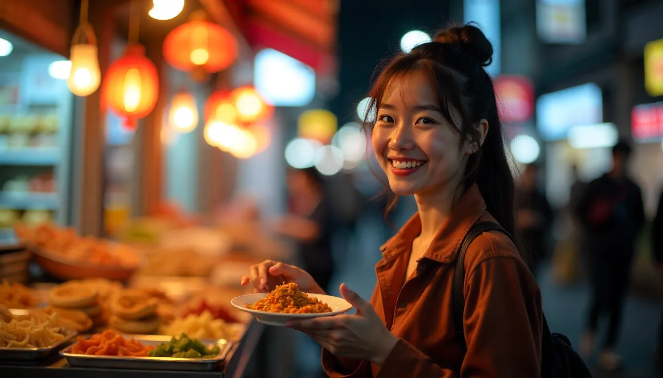 a woman stay in the street and enjoying of street food