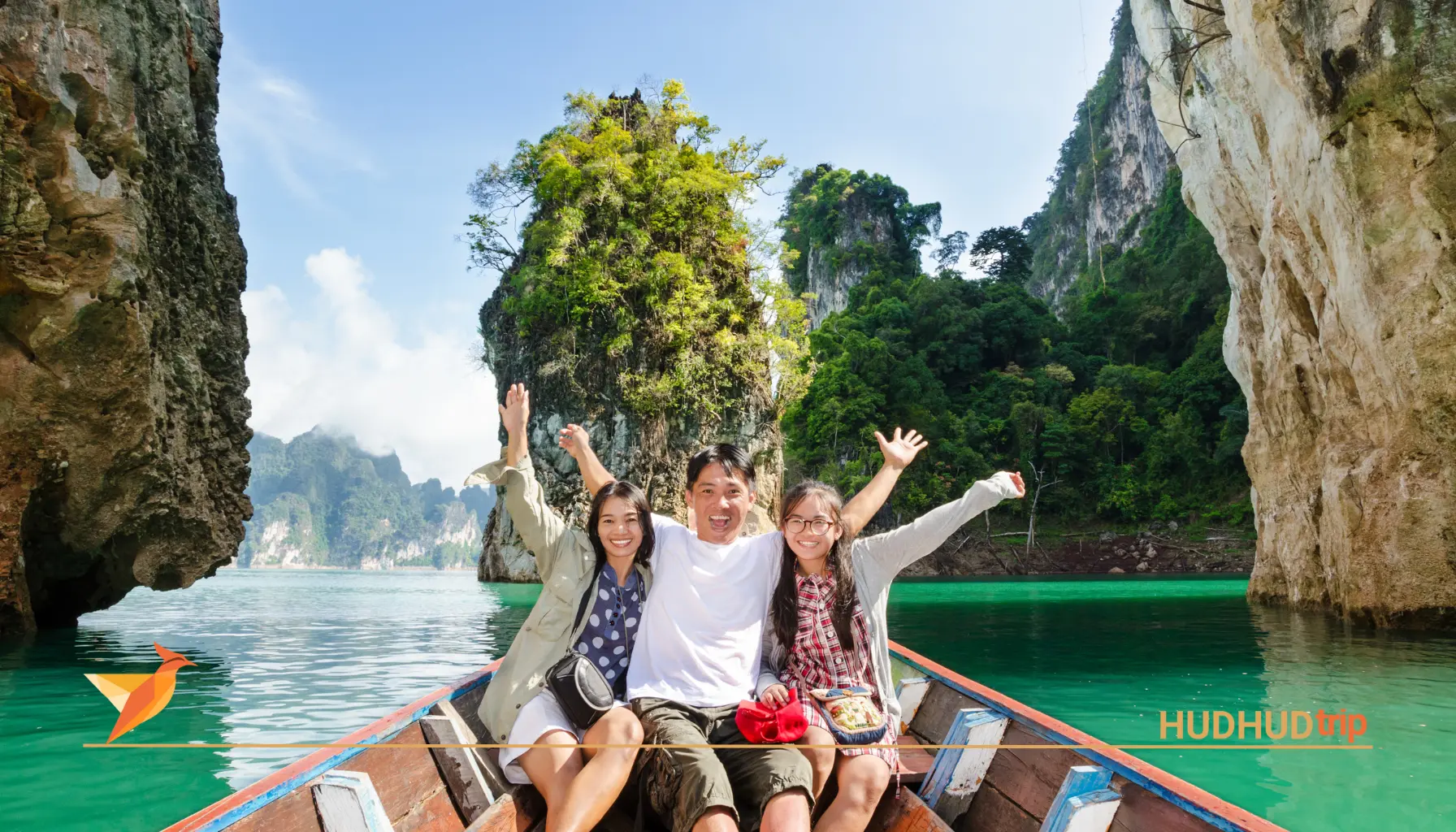 a happy family in boat in river