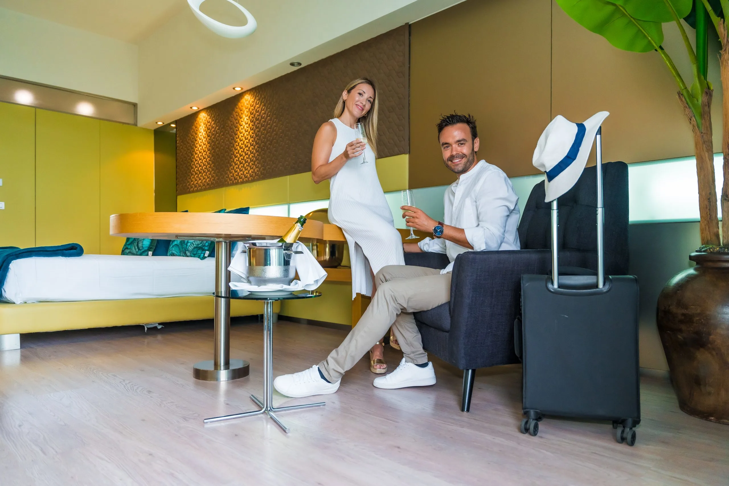 A couple in a hotel in international travel