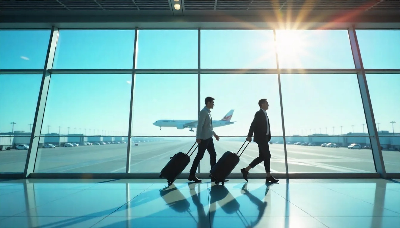 a man with suitcase stand in airport